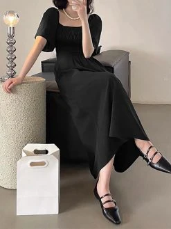 Solid Shirred Puff Sleeve Square Collar Maxi Dress -Zanzea Shop fa321c1f 8d9d 41b0 9dd5 56773abe7763