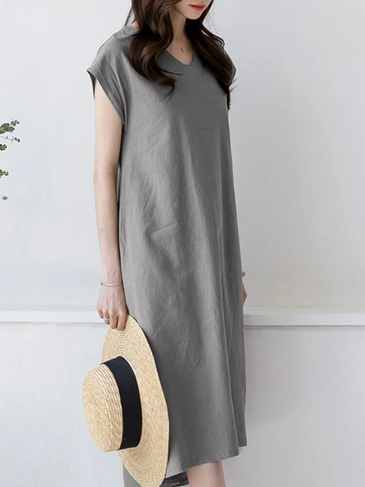 Solid High-low V-neck Short Sleeve Casual Dress 6 Solid High-low V-neck Short Sleeve Casual Dress - Image 6