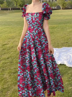 Random Allover Floral Print Puff Sleeve Square Collar Maxi Dress -Zanzea Shop fa57437c cf77 41ff 8536 9d0672037201