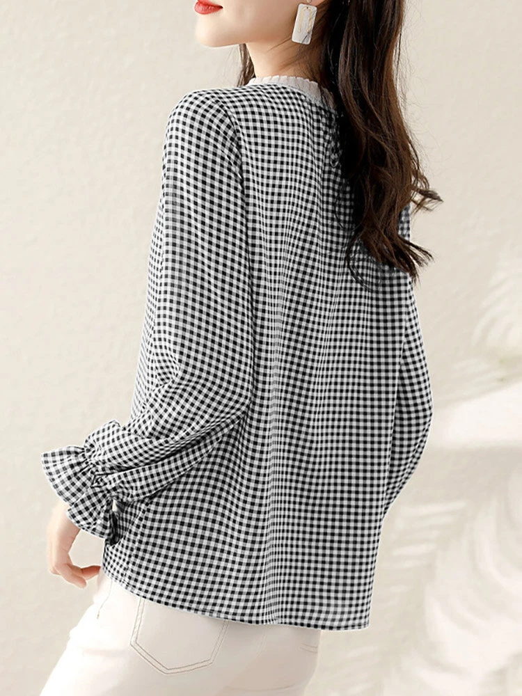 Check Print Long Sleeve Crew Neck Panel Blouse 10 Check Print Long Sleeve Crew Neck Panel Blouse - Image 10