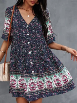 Bohemian Floral Print Pocket Button V-neck Short Sleeve Dress -Zanzea Shop fabc709a 0d9f 4bb8 abc6 544b959ebf6f