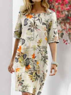 Floral Print Split O-neck Half Sleeve Casual Cotton Dress