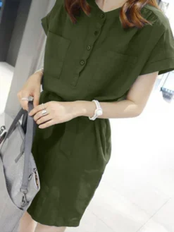 Solid Pocket Button Front Casual Dress With Belt -Zanzea Shop fb370f72 0d2d 4859 a55b 4de89419d69f