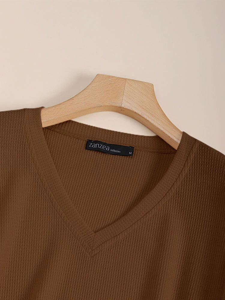 Solid Long Sleeve V-neck Casual T-shirt For Women 3 Solid Long Sleeve V-neck Casual T-shirt For Women - Image 3