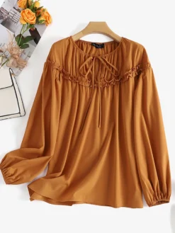 Solid Ruffle Trim Tie Front Long Sleeve Crew Neck Blouse -Zanzea Shop fb718f7c 6b3a 4d69 a6b5 57c33834285b