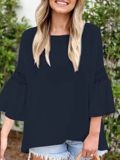 Solid Lace Panel Ruffle Sleeve Crew Neck Blouse 6 Solid Lace Panel Ruffle Sleeve Crew Neck Blouse -Zanzea Shop fb9a9e48 c550 4902 80df 2105da8cab0c