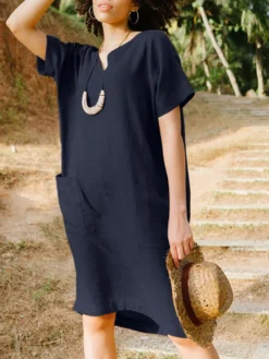 Solid Short Sleeve Pocket V-neck Dress For Women -Zanzea Shop fbaafbf0 99a9 4642 a46b 055bd68cd593