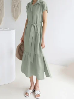 Solid Slit Pocket Lapel Short Sleeve Dress With Belt -Zanzea Shop fbcff6df 172b 41fd a8c3 758702924450