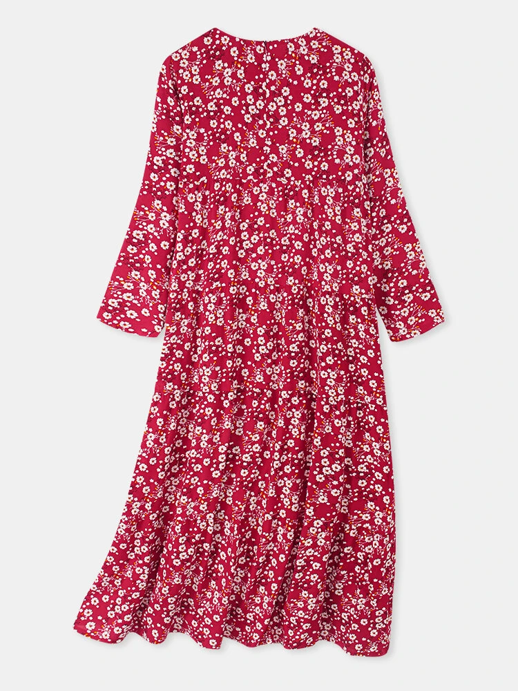 Women Vintage Floral Print O-neck Pocket Long Sleeve Maxi Dress 5 Women Vintage Floral Print O-neck Pocket Long Sleeve Maxi Dress - Image 5