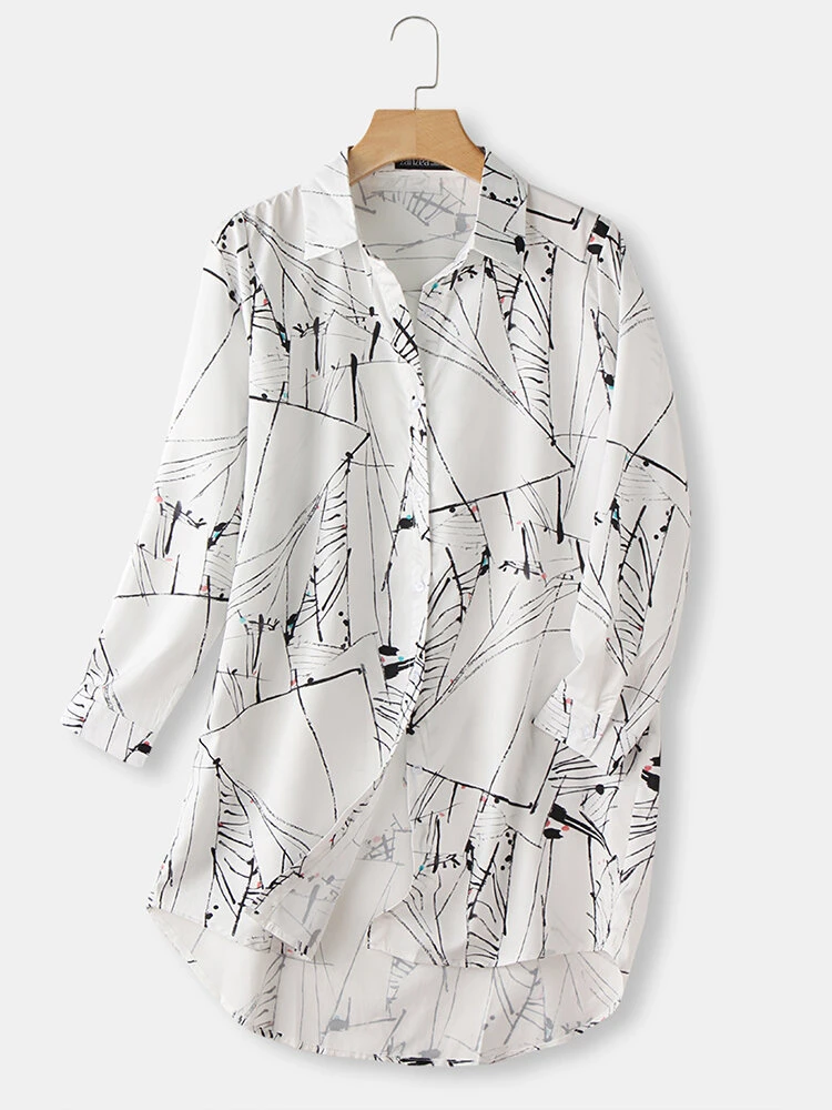 Splash Ink Print Long Sleeve Irregular Plus Size Long Shirt 1 Splash Ink Print Long Sleeve Irregular Plus Size Long Shirt