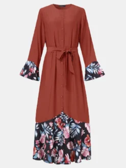 Floral Print Patchwork Ruffle Plus Size Button Dress With Belt