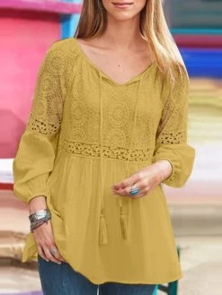 Women Lace Patchwork Tie Crew Neck Long Sleeve Blouse -Zanzea Shop fbf79709 7a28 4d6c bd2d 8d0e38330beb