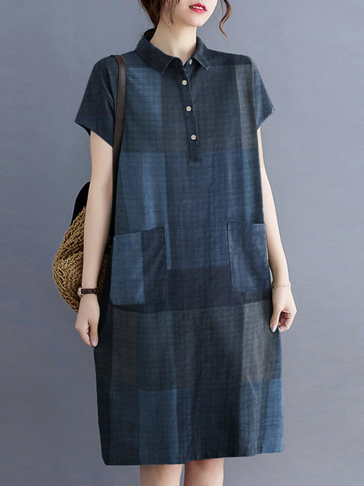 Check Pattern Short Sleeve Pocket Button Lapel Dress 1 Check Pattern Short Sleeve Pocket Button Lapel Dress