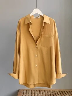 Solid Pocket Button Front Long Sleeve Lapel Shirt