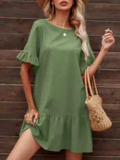 Women Solid Crew Neck Cotton Ruffle Sleeve Dress