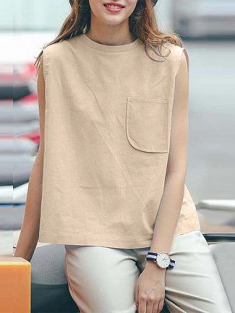 Women Solid Chest Pocket Cotton Sleeveless Tank Top 2 Women Solid Chest Pocket Cotton Sleeveless Tank Top - Image 2