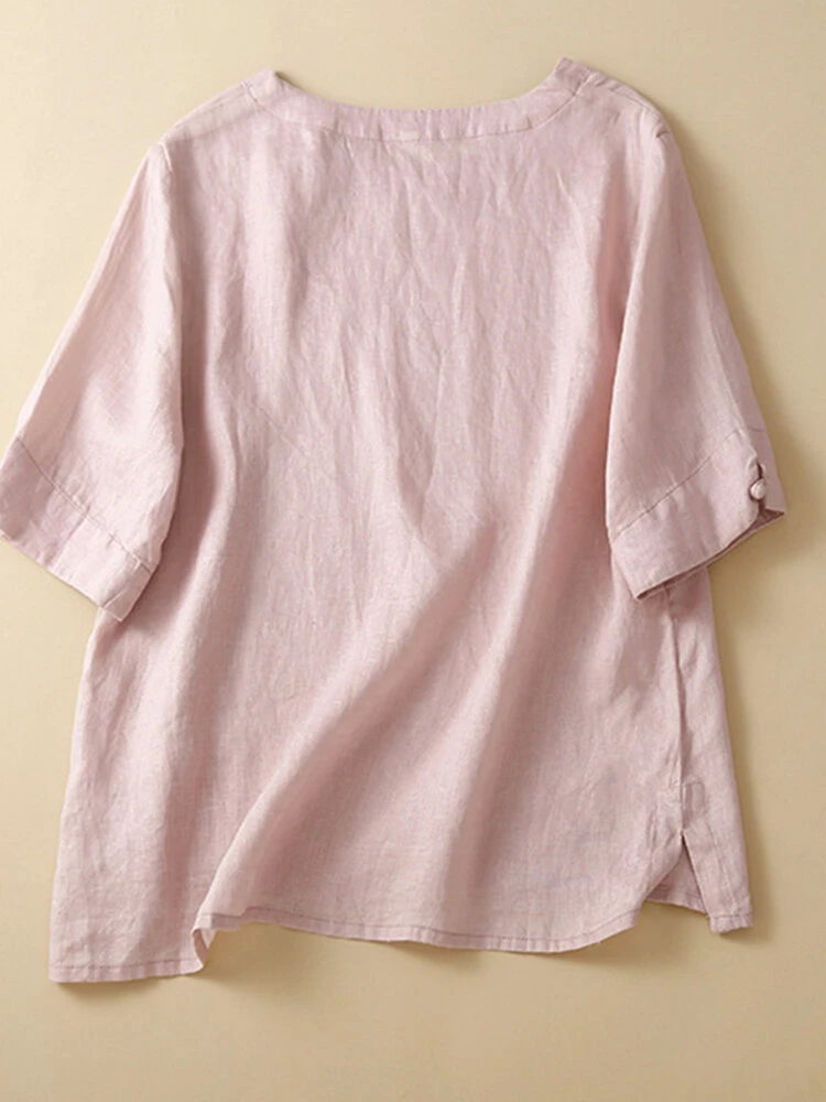 Women Solid Bowknot Button Detail Side Split Blouse 4 Women Solid Bowknot Button Detail Side Split Blouse - Image 4