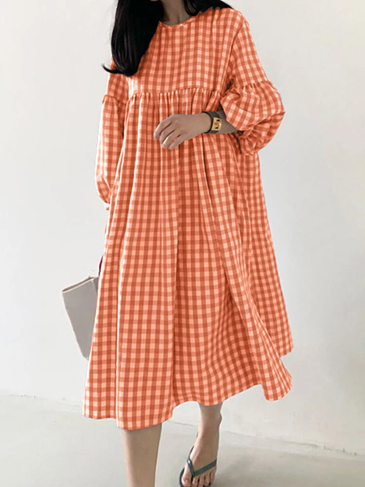 Plaid Print Pleated Puff Sleeve Casual Dress For Women 3 Plaid Print Pleated Puff Sleeve Casual Dress For Women - Image 3