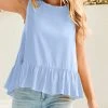 Solid Ruffle Hem Sleeveless Crew Neck Tank Top