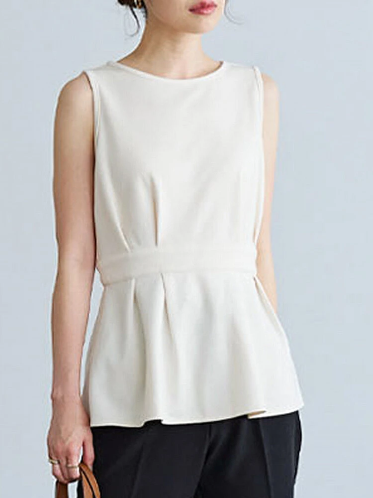 Women Solid Crew Neck Pleated Waist Sleeveless Tank Top 2 Women Solid Crew Neck Pleated Waist Sleeveless Tank Top - Image 2