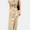 Solid Pocket Lapel Short Sleeve Button Front Dress With Belt