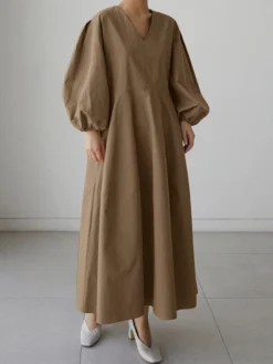 Casual V-neck Puff Sleeve Solid Color Pleated Midi Dress