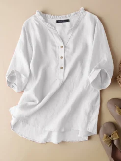 Women Plain Frill Neck Half Button Cotton 3/4 Sleeve Blouse -Zanzea Shop fd282464 26fd 4224 9229 fc6e4554e385
