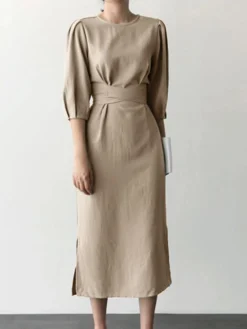 Solid Tie Slit Midi Half Sleeve Crew Neck Casual Dress -Zanzea Shop fd4c3b09 3a5e 428f 9a74 c881bb9927b3