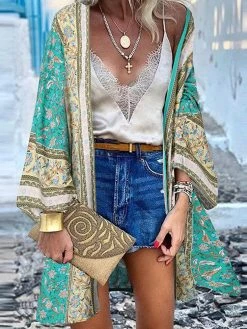 Bohemian Florla Print Long Sleeve Open Front Kimono