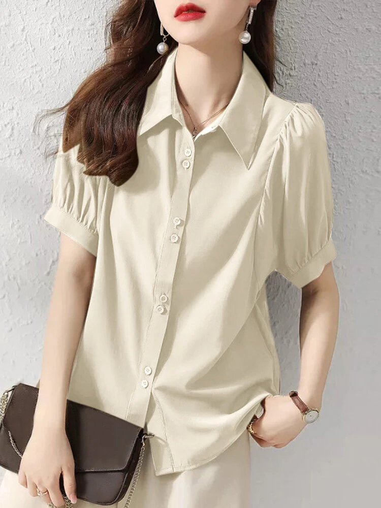 Women Solid Puff Sleeve Button Front Lapel Shirt 3 Women Solid Puff Sleeve Button Front Lapel Shirt - Image 3