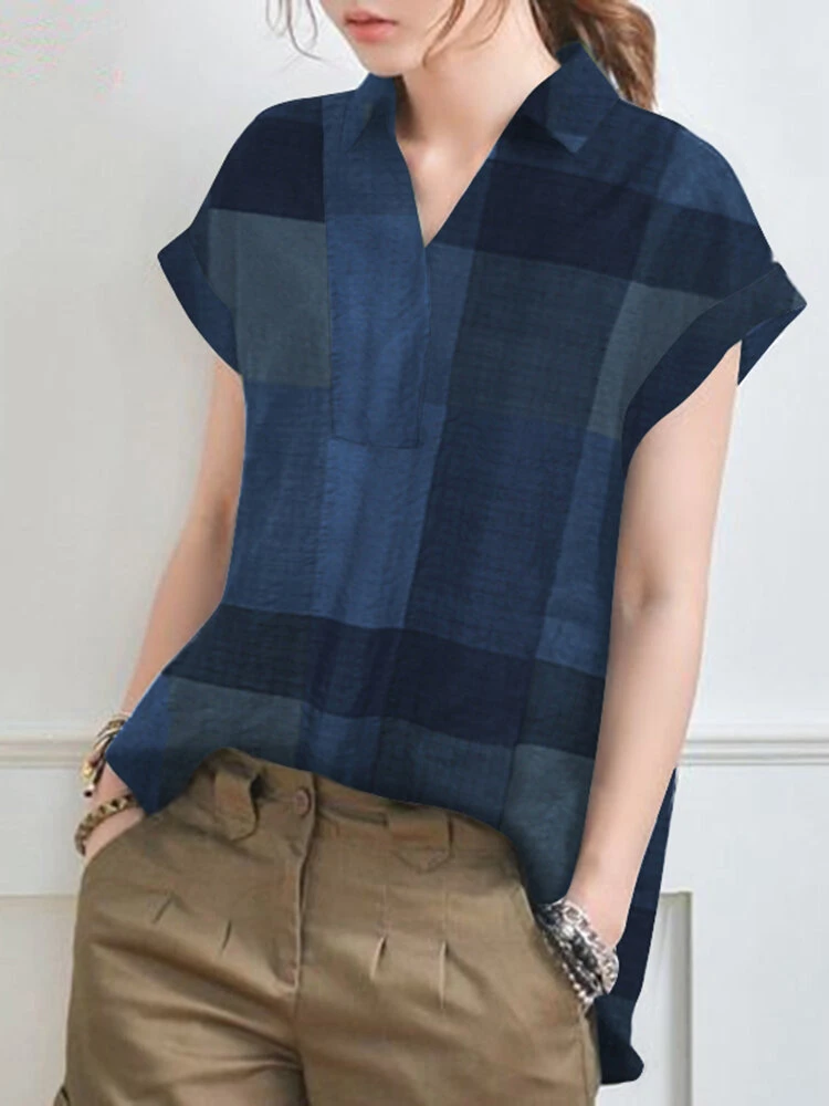 Plaid Short Sleeve Lapel Collar Blouse 6 Plaid Short Sleeve Lapel Collar Blouse - Image 6