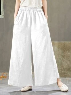 Solid Pocket Elastic Waist Wide Leg Casual Cotton Pants -Zanzea Shop fdbdbf95 3398 4e0c 9a2d 4c55cf38456d