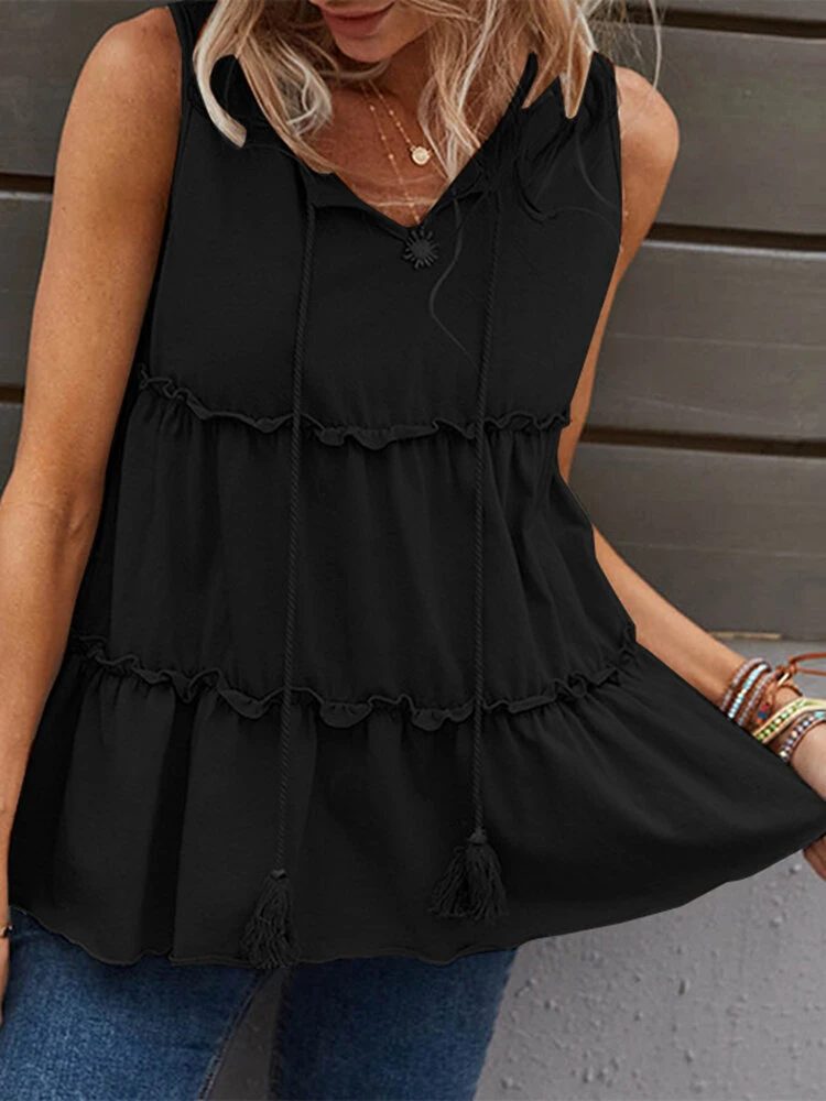 Women Lettuce Trim Tiered Tie Neck Sleeveless Tank Top 6 Women Lettuce Trim Tiered Tie Neck Sleeveless Tank Top - Image 6