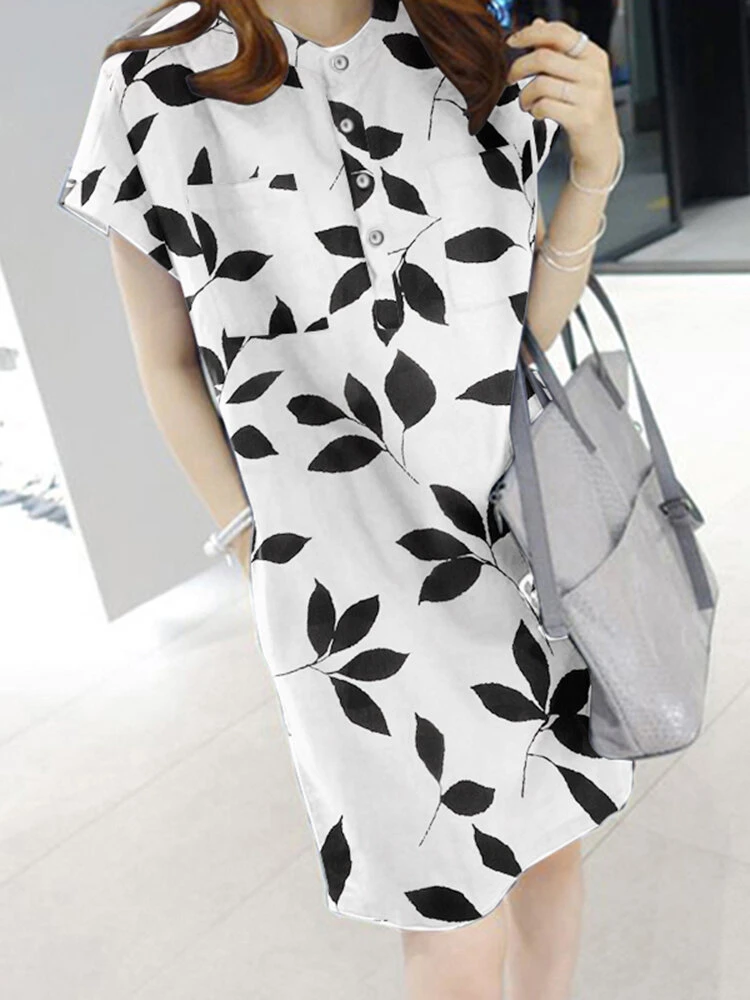 Leaves Print Button Pocket Short Sleeve Dress With Belt 7 Leaves Print Button Pocket Short Sleeve Dress With Belt - Image 7