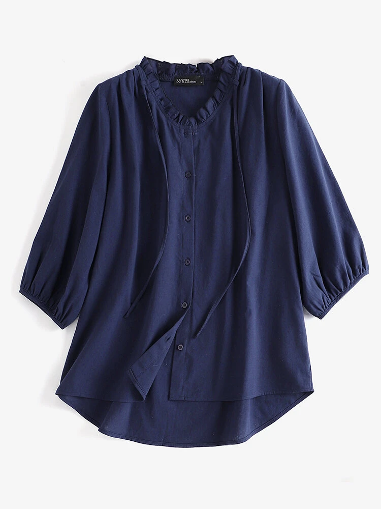 Solid Ruffle Trim V-neck Tie Lantern Sleeve Blouse 2 Solid Ruffle Trim V-neck Tie Lantern Sleeve Blouse - Image 2