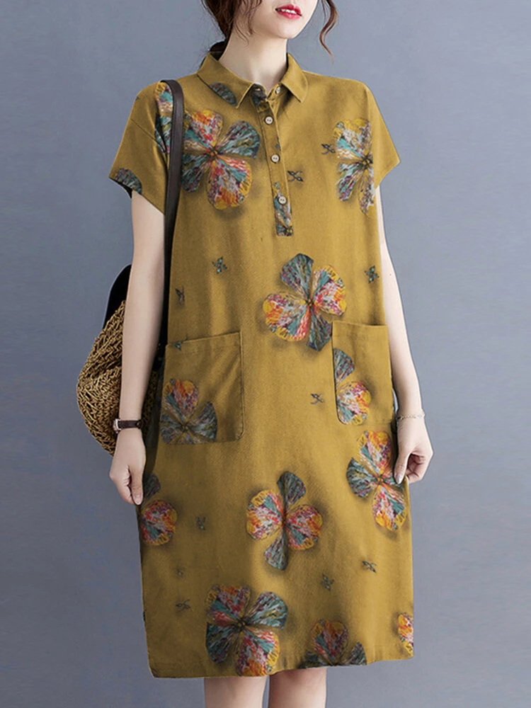 Flower Print Button Pocket Casual Cotton Midi Dress 7 Flower Print Button Pocket Casual Cotton Midi Dress - Image 7