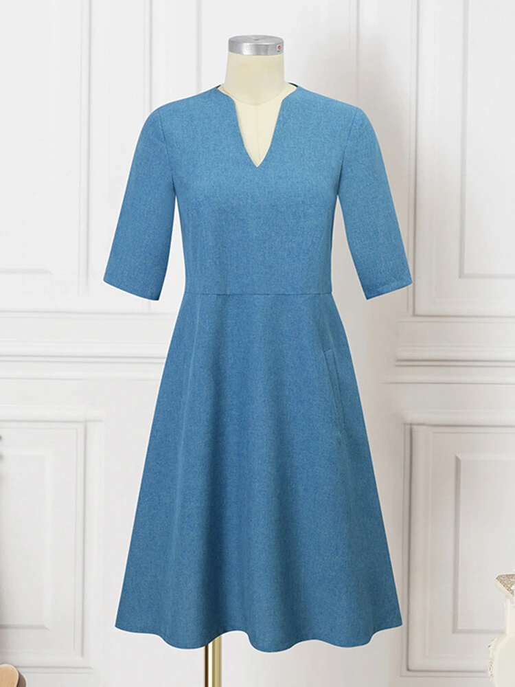 Women Solid Notched Neck Slant Pocket Half Sleeve Dress 3 Women Solid Notched Neck Slant Pocket Half Sleeve Dress - Image 3