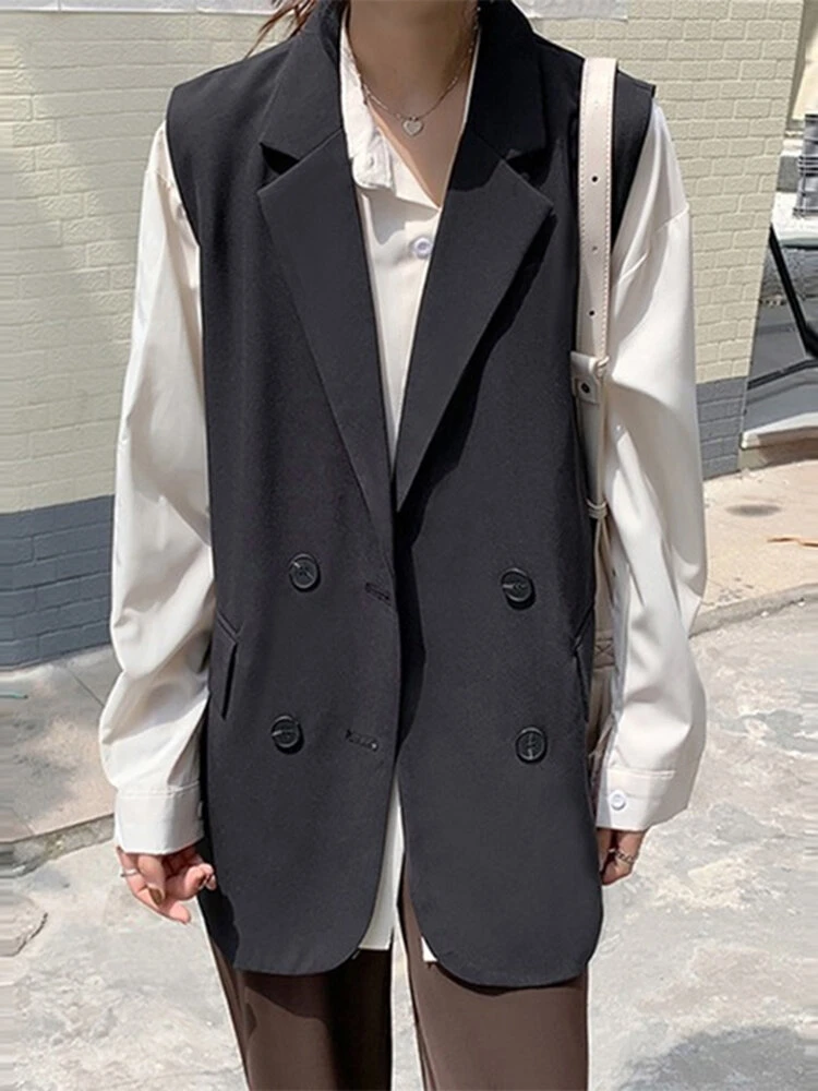 Solid Double Breasted Sleeveless Lapel Vest Blazer 6 Solid Double Breasted Sleeveless Lapel Vest Blazer - Image 6