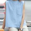 Women Solid Chest Pocket Cotton Sleeveless Tank Top