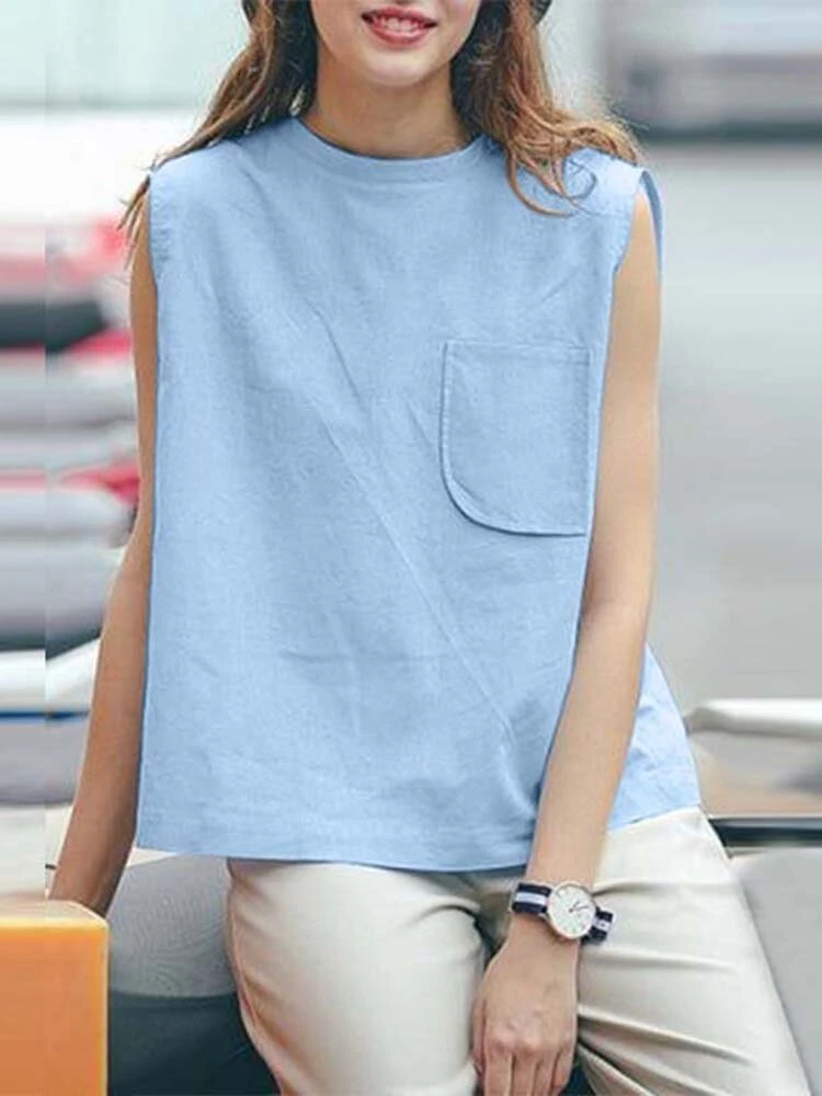 Women Solid Chest Pocket Cotton Sleeveless Tank Top 1 Women Solid Chest Pocket Cotton Sleeveless Tank Top