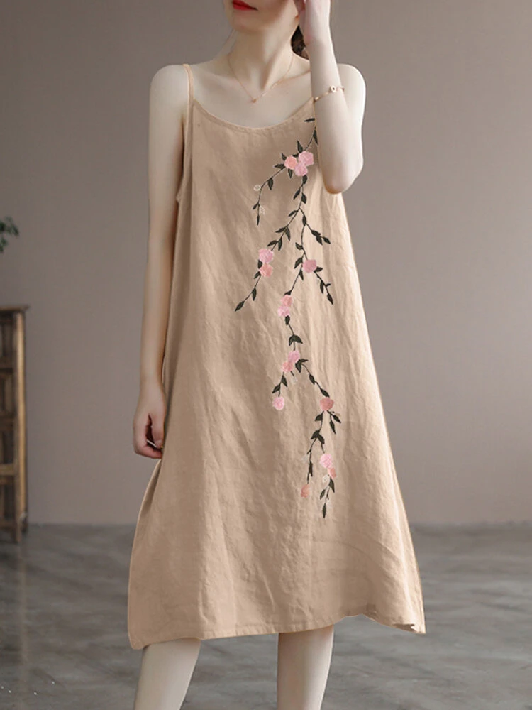 Women Floral Embroidered Cotton Spaghetti Strap Dress 5 Women Floral Embroidered Cotton Spaghetti Strap Dress - Image 5