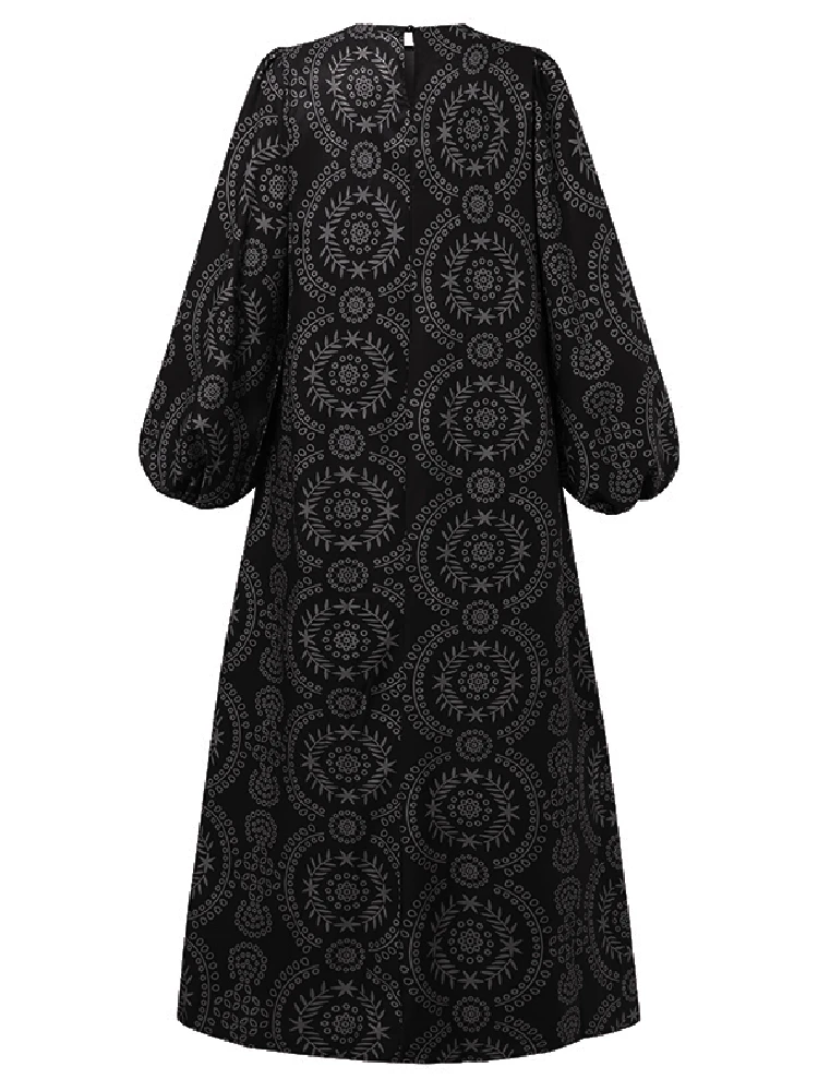 Print O-neck Puff Sleeve Plus Size Casual Dress For Women 5 Print O-neck Puff Sleeve Plus Size Casual Dress For Women - Image 5