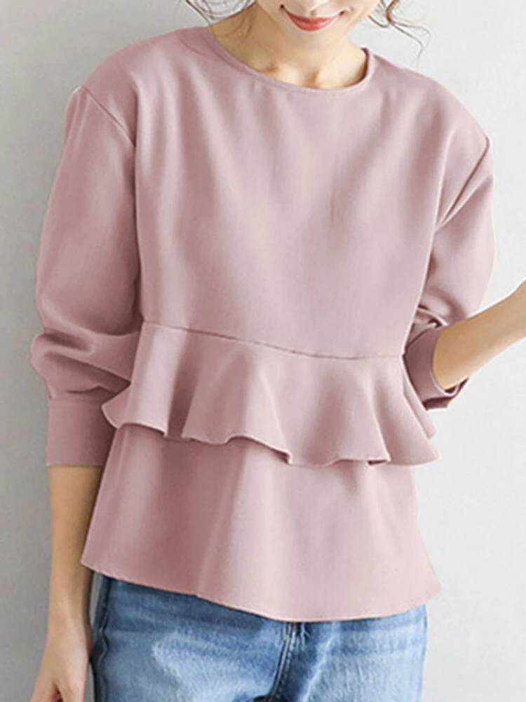 Ruffle Tiered Solid Long Sleeve Crew Neck Casual Blouse 12 Ruffle Tiered Solid Long Sleeve Crew Neck Casual Blouse - Image 12