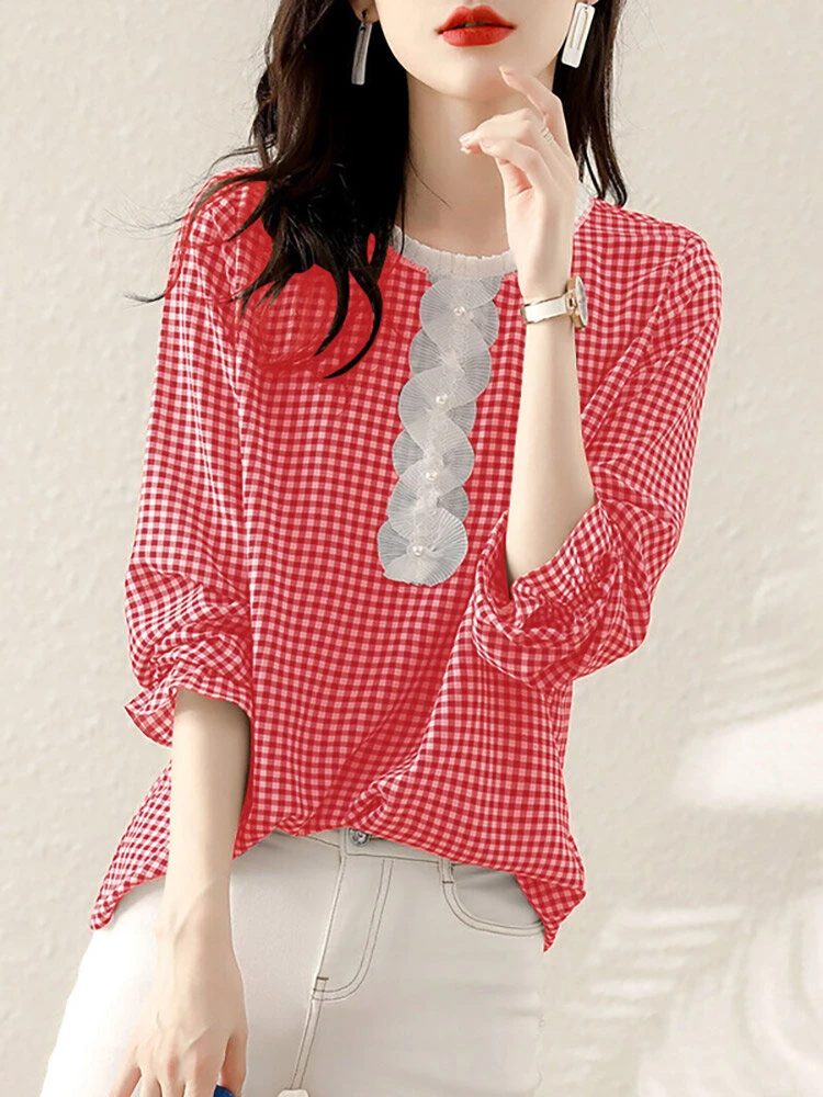 Check Print Long Sleeve Crew Neck Panel Blouse 7 Check Print Long Sleeve Crew Neck Panel Blouse - Image 7