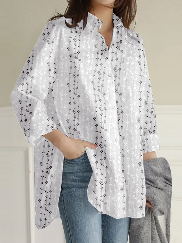 Women Floral Print Lapel High-Low Hem Long Sleeve Shirt 6 Women Floral Print Lapel High-Low Hem Long Sleeve Shirt - Image 6