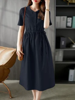 Solid Drawstring Waist Pocket Short Sleeve Vintage Dress -Zanzea Shop fee6e33e 60ba 4376 9bea 160aee5f4361