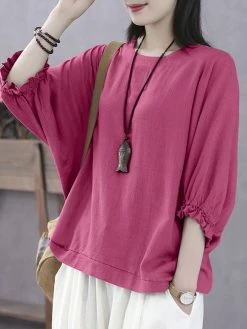Women Solid Crew Neck Cotton Dolman Sleeve Blouse -Zanzea Shop ff3b6f2b 6464 42a7 aab6 6d927aafdaf6