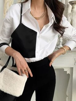 Contrast Panel Button Front Long Sleeve Lapel Shirt