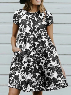 Random Allover Leaves Print Pocket Short Sleeve Button Dress -Zanzea Shop ff7a9cc7 b563 44ae b3b3 e165c323c8d8
