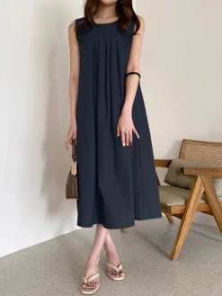 Solid O-neck Pleated Sleeveless Pocket Women Casual Dress -Zanzea Shop ff83a668 7be0 4008 9092 914d55684e57